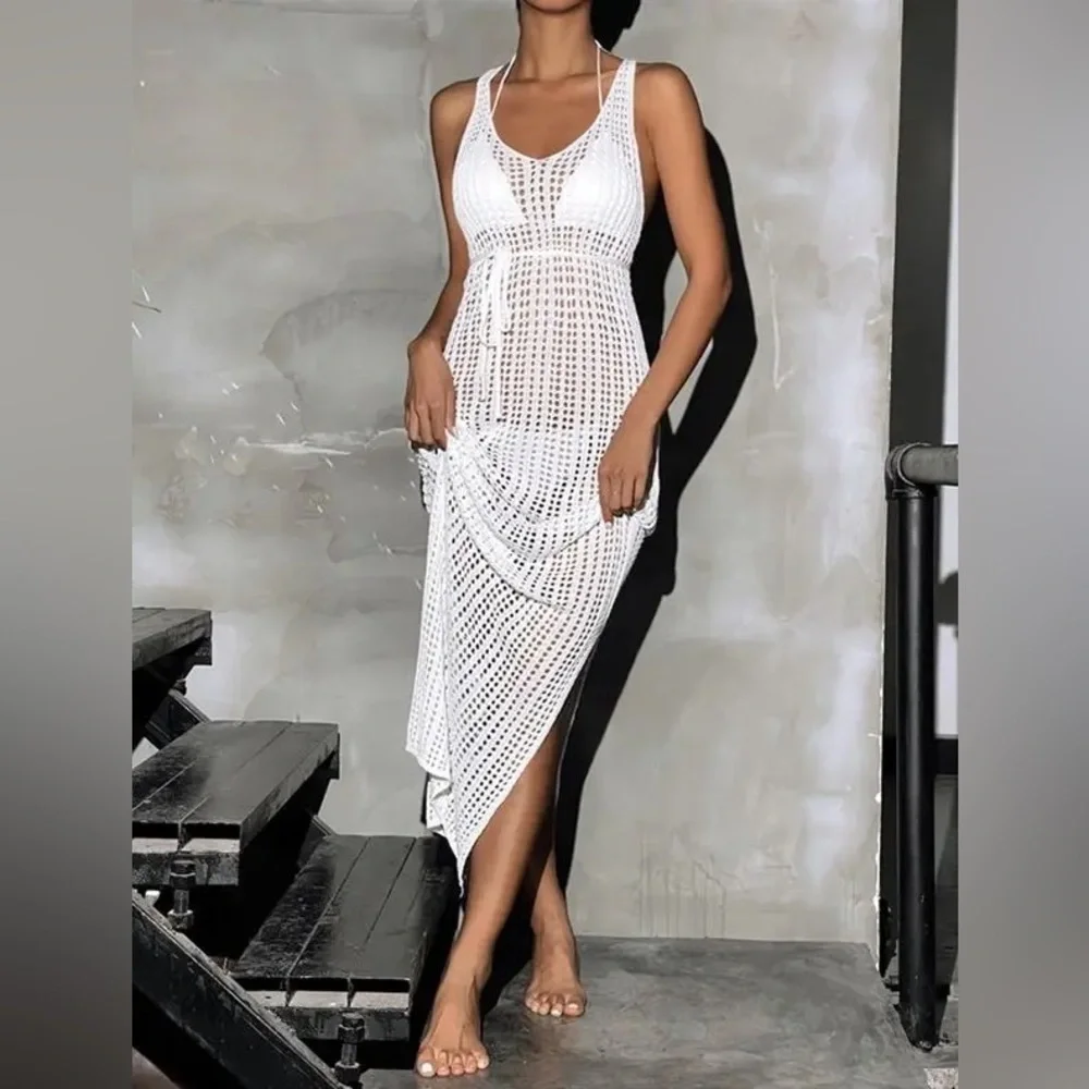 Boho Beach White Crochet Maxi Dress With Optional Waist Tie